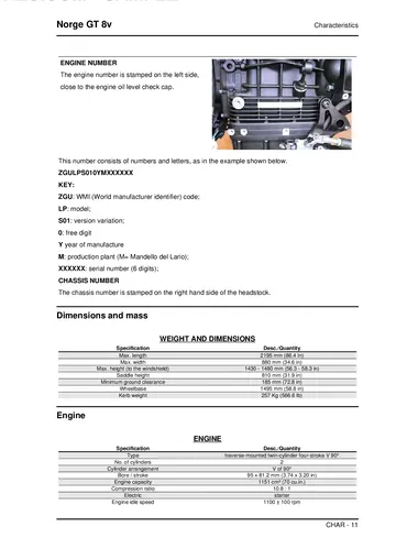 Moto Guzzi Norge GT 8V Service Manual (2011) Sample Preview: Factory vehicle identification, dimensions and 1151 cc four-valve V-twin specifications for the Norge GT 8V