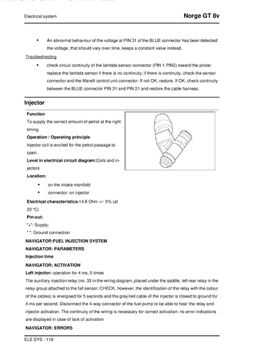 Moto Guzzi Norge GT 8V Service Manual (2011) Sample Preview: Magneti Marelli fuel-injection injector diagnostics, electrical specifications and Navigator test procedures