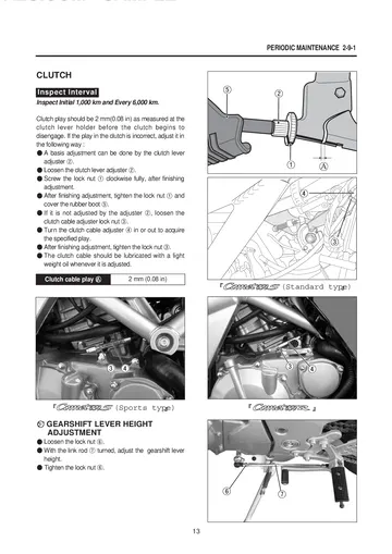 Hyosung GT650S / GT650R Comet Service Manual Supplement (2005) Sample Preview: Model-specific periodic maintenance covering clutch, gearshift and adjustable footrest procedures