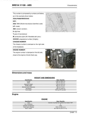 Moto Guzzi Breva V1100 ABS Service Manual (2005-2007) Sample Preview: Factory Breva V1100 ABS dimensions and 1064 cc V-twin specifications, including 92 × 80 mm bore and stroke, 9.8:1 compression and 248 kg kerb weight