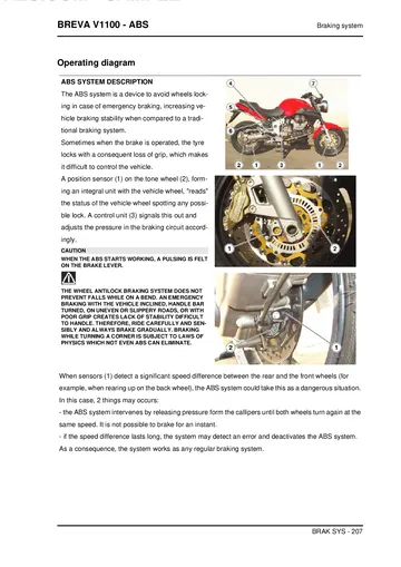 Moto Guzzi Breva V1100 ABS Service Manual (2005-2007) Sample Preview: Factory two-channel ABS operating diagram showing wheel-speed sensing, hydraulic modulation and fault strategy