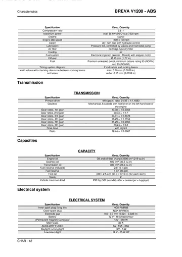 Moto Guzzi Breva V1200 ABS Service Manual (2007-2012) Sample Preview: Factory 1151 cc V-twin specifications with 9.8:1 compression, over 65 kW / 90 CV output, hydraulic dry twin-disc clutch, six-speed gearbox and 12/44 shaft-drive ratio