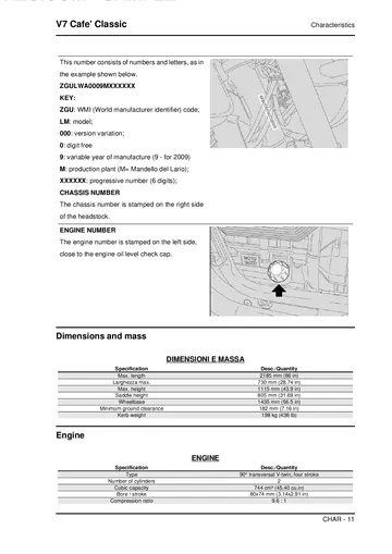 Moto Guzzi V7 Café Classic Service Manual (2009) Sample Preview: Factory 2009 VIN identification, dimensions and 744 cc V-twin specifications