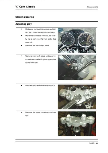 Moto Guzzi V7 Café Classic Service Manual (2009) Sample Preview: Factory steering-bearing adjustment procedure with illustrated front-end service steps