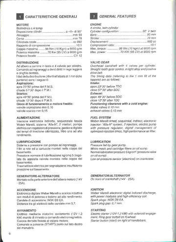 Moto Guzzi Daytona 1000 Service Manual (1992-1995) Sample Preview: Factory 992 cc four-valve V-twin specifications, including 95 CV output, 98 Nm torque, valve clearances and Weber-Marelli injection