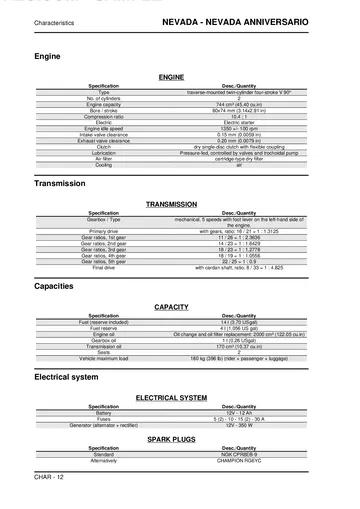Moto Guzzi Nevada 750 / Nevada Anniversario Service Manual (2012) Sample Preview: Factory 744 cc V-twin engine, transmission, capacities and electrical specifications