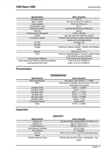 Moto Guzzi 1200 Sport 2V ABS Service Manual (2007-2008) Sample Preview: Factory 1151 cc two-valve V-twin, 9.8:1 compression, six-speed transmission and 23-litre fuel-capacity specifications
