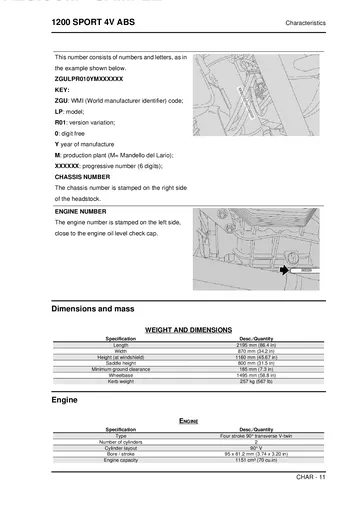 Moto Guzzi 1200 Sport 4V ABS Service Manual (2009) Sample Preview: Factory vehicle identification, dimensions and 1151 cc V-twin specifications for the 1200 Sport 4V ABS