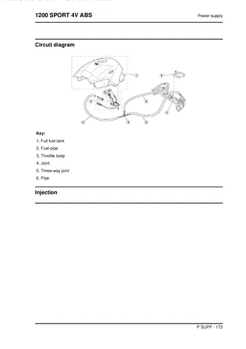 Moto Guzzi 1200 Sport 4V ABS Service Manual (2009) Sample Preview: Fuel-supply circuit diagram showing the tank, throttle body, fuel lines and injection system