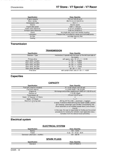 Moto Guzzi V7 Stone, V7 Special & V7 Racer Service Manual (2012) Sample Preview: Factory 744 cc V-twin engine, transmission, capacities and electrical specifications