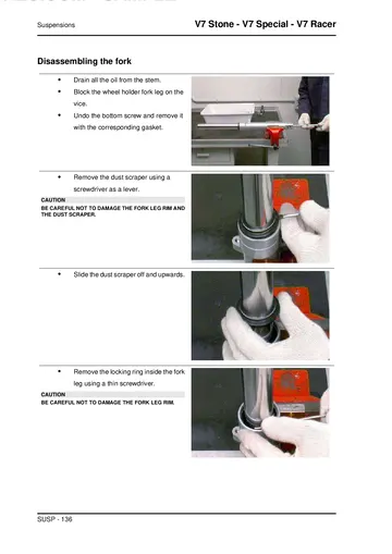 Moto Guzzi V7 Stone, V7 Special & V7 Racer Service Manual (2012) Sample Preview: Front fork disassembly procedure for the Marzocchi and Kaifa fork variants