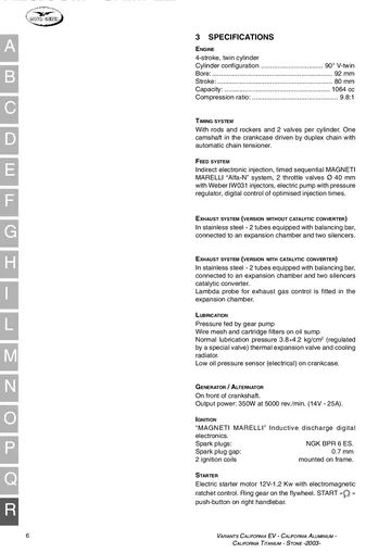 Moto Guzzi V11 Sport & Le Mans Service Manual (2003) Sample Preview: Factory 2003 V11 specifications covering the 1064 cc V-twin, 9.8:1 compression, Magneti Marelli injection and electrical system