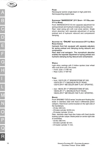 Moto Guzzi V11 Sport & Le Mans Service Manual (2003) Sample Preview: Factory chassis, Marzocchi and Öhlins suspension, wheel, tyre and Brembo brake specifications