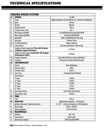 Royal Enfield Himalayan LS410 Euro IV Engine Service Manual (2017 Edition) Sample Preview: LS410 factory technical specifications for the 411 cc fuel-injected engine and five-speed transmission