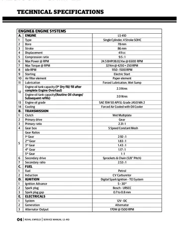 Royal Enfield Himalayan Carburetor LS410 Engine Service Manual (2016 Edition) Sample Preview: LS410 factory technical specifications for the 411 cc carbureted engine and five-speed transmission