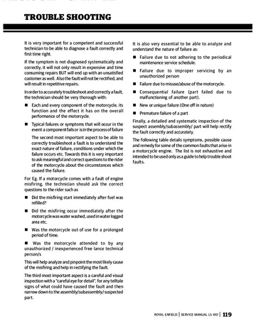 Royal Enfield Himalayan Carburetor LS410 Engine Service Manual (2016 Edition) Sample Preview: Systematic engine troubleshooting section with fault-diagnosis guidance