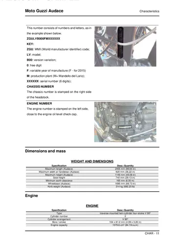 Moto Guzzi Audace Service Manual (2015) Sample Preview: 2015 Audace VIN decoding, identification locations, dimensions and weights