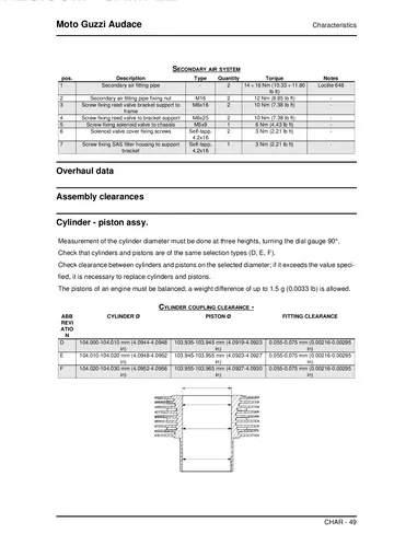 Moto Guzzi Audace Service Manual (2015) Sample Preview: Cylinder, piston and engine-overhaul clearance specifications