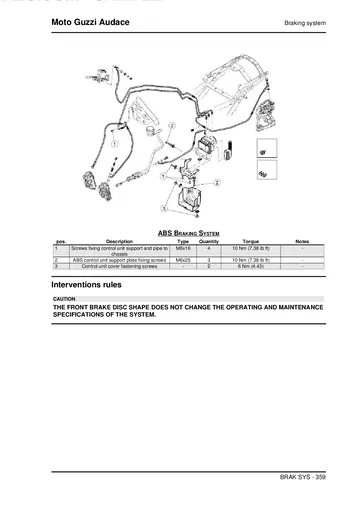 Moto Guzzi Audace Service Manual (2015) Sample Preview: ABS braking-system fastener specifications and service notes