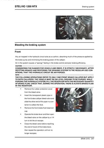 Moto Guzzi Stelvio 1200 NTX Service Manual (2009-2010) Sample Preview: Factory front-brake hydraulic bleeding procedure for the twin-disc braking system