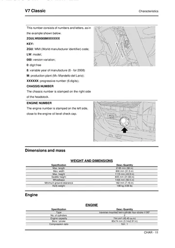 Moto Guzzi V7 Classic Service Manual (2008) Sample Preview: Factory vehicle identification, dimensions and 744 cc V-twin specifications for the 2008 V7 Classic
