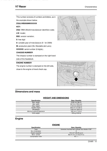 Moto Guzzi V7 Racer Service Manual (2010-2011) Sample Preview: Factory 744 cc V-twin engine, dimensions and identification specifications for the original V7 Racer