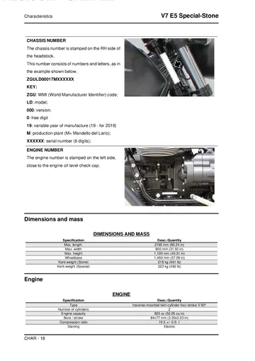 Moto Guzzi V7 Stone & V7 Special E5 Service Manual (2021) Sample Preview: Factory V7 E5 engine, dimensions and model specifications for the 853 cc Stone and Special