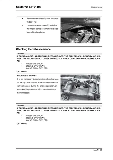 Moto Guzzi California EV V1100 Service Manual (1997-2003) Sample Preview: Valve-clearance section showing the hydraulic-tappet service option used in the later California EV specification