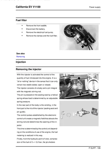 Moto Guzzi California EV V1100 Service Manual (1997-2003) Sample Preview: Factory fuel-injection section covering injector operation, 3 bar fuel pressure and fuel-system service