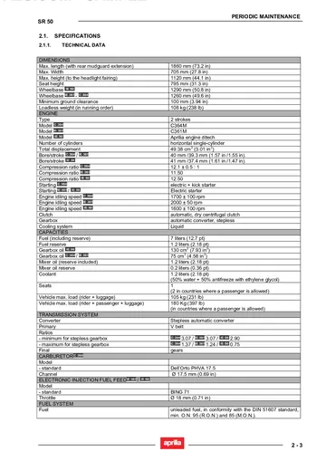 Aprilia SR 50 Service Manual (2005) Sample Preview: Factory comparison of C364, IE361 PureJet and IE50 DiTech engine, CVT, capacity and fuel-system specifications