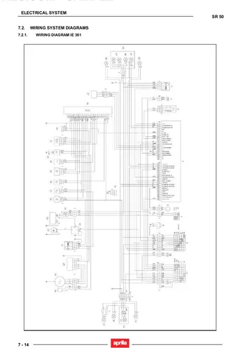 Aprilia SR 50 Service Manual (2005) Sample Preview: Factory IE361 wiring diagram covering ECU, electronic injection, charging, lighting, instruments and controls