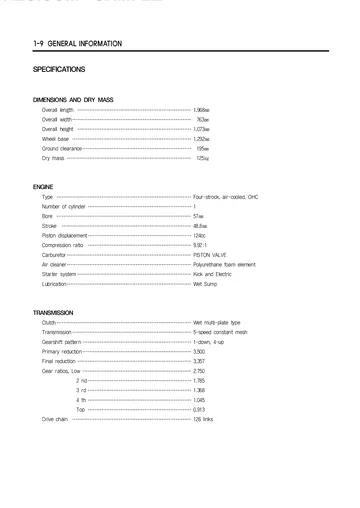 Hyosung GF125 Service Manual (1997) Sample Preview: Factory specifications showing the 124 cc air-cooled OHC engine, 9.92:1 compression, five-speed gearbox and drivetrain data