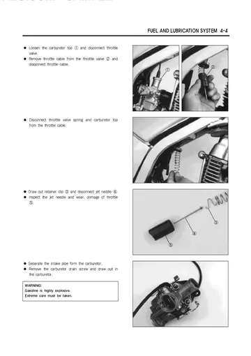 Hyosung GF125 Service Manual (1997) Sample Preview: PD18F carburetor removal, disassembly and inspection procedures