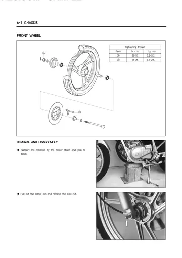 Hyosung GF125 Service Manual (1997) Sample Preview: Factory chassis section covering the front wheel and disc-brake assembly