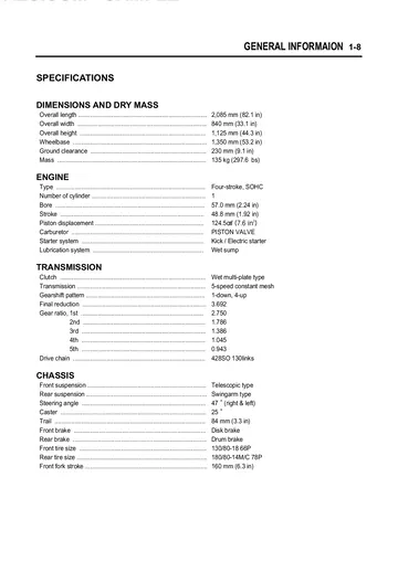 Hyosung Karion RT125 Service Manual (2002) Sample Preview: Factory specifications for the 124.5 cc SOHC engine, five-speed gearbox, chassis, brakes and wide-tire sizes