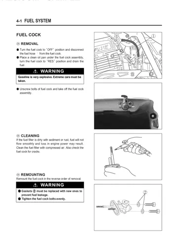 Hyosung Karion RT125 Service Manual (2002) Sample Preview: Fuel-system section covering the fuel cock and PD18F carburetor