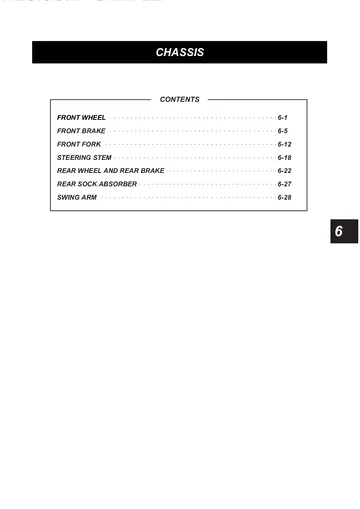 Hyosung Karion RT125 Service Manual (2002) Sample Preview: Factory chassis section covering wheels, brakes, fork, steering, rear shock and swingarm