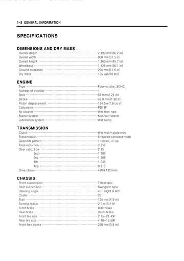 Hyosung RX125 Service Manual (1999) Sample Preview: Factory specifications for dimensions, 124.5 cc SOHC engine, five-speed transmission, chassis, brakes and tire sizes