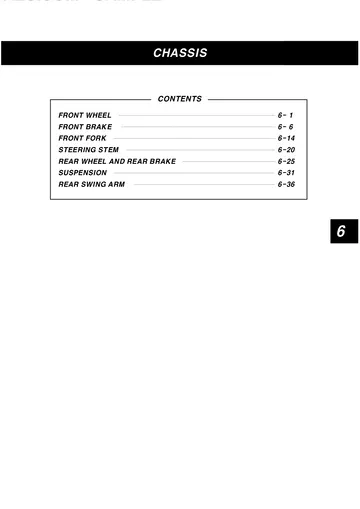 Hyosung RX125 Service Manual (1999) Sample Preview: Factory chassis section covering front wheel, brakes, fork, steering, rear suspension and swingarm