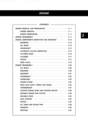 Hyosung Sense SD50 Service Manual (1999) Sample Preview: Factory engine-removal and remounting procedures for the Sense SD-50