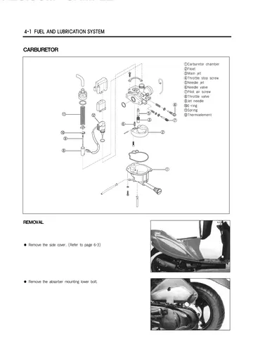 Hyosung Sense SD50 Service Manual (1999) Sample Preview: Carburetor removal and exploded-component service procedures