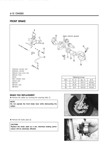 Hyosung Sense SD50 Service Manual (1999) Sample Preview: Front disc-brake service, caliper components, torque values and pad replacement