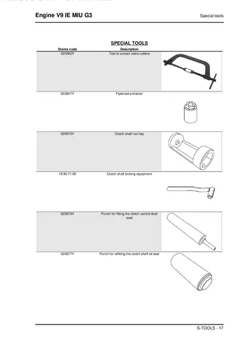Moto Guzzi V9 IE MIU G3 Engine Service Manual (2016) Sample Preview: Factory V9 engine special tools for valve covers, flywheel, clutch shaft and oil-seal service