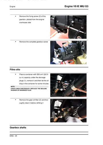 Moto Guzzi V9 IE MIU G3 Engine Service Manual (2016) Sample Preview: Gearbox removal, oil-filter access and gearbox-shaft service procedures