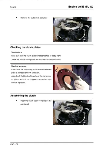 Moto Guzzi V9 IE MIU G3 Engine Service Manual (2016) Sample Preview: Dry clutch inspection covering clutch disc condition, flexible springs and starter ring gear