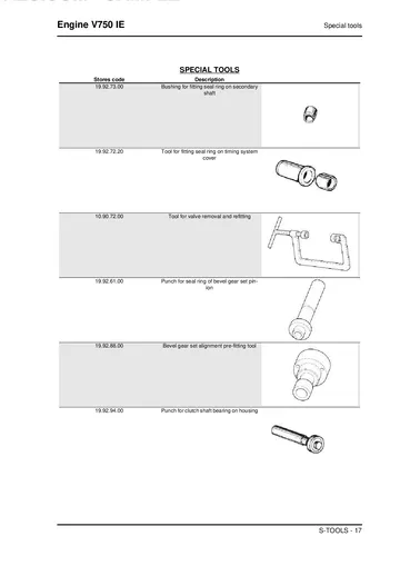 Moto Guzzi V750 IE Engine Service Manual (2010) Sample Preview: Factory V750 IE special tools for timing-cover, valve, bevel-gear and clutch-shaft service