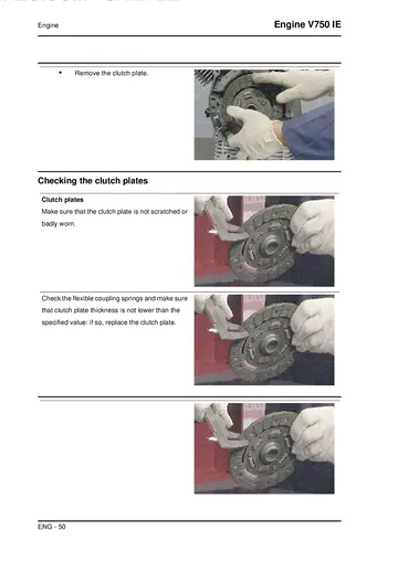 Moto Guzzi V750 IE Engine Service Manual (2010) Sample Preview: Dry single-disc clutch inspection showing the clutch plate and flexible coupling springs