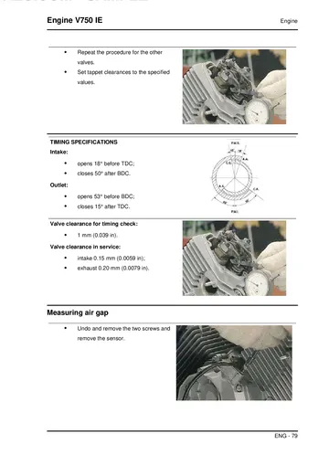 Moto Guzzi V750 IE Engine Service Manual (2010) Sample Preview: Factory cam-timing specifications and service valve clearances: 0.15 mm intake and 0.20 mm exhaust