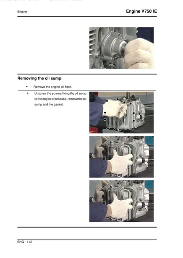 Moto Guzzi V750 IE Engine Service Manual (2010) Sample Preview: Factory oil-sump and engine-oil-filter removal during lubrication-system service