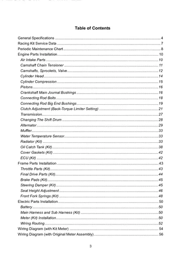 Kawasaki Ninja ZX-10R Racing Kit Manual (2009) Sample Preview: Table of Contents